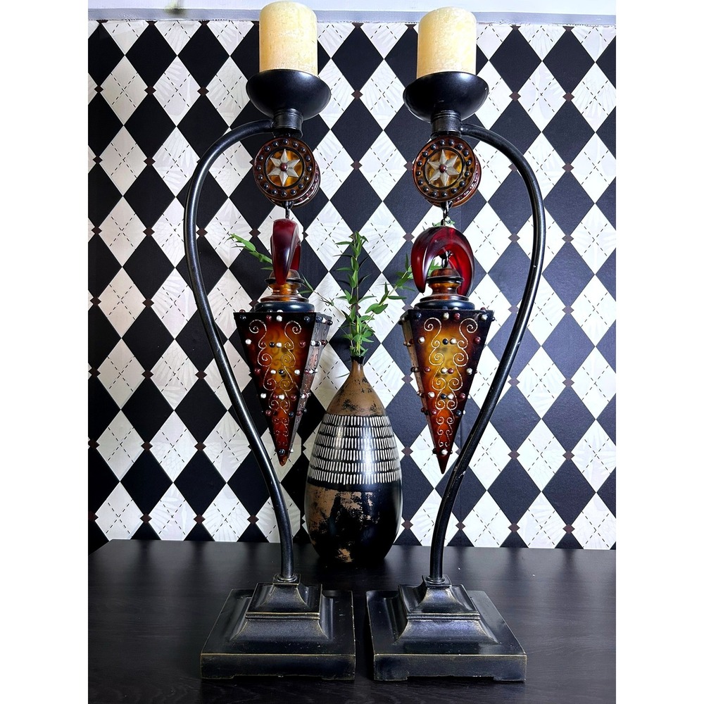 Grand Boho Tall Floor Candle Holder Pair Ornate Romantic Eclectic Luxury